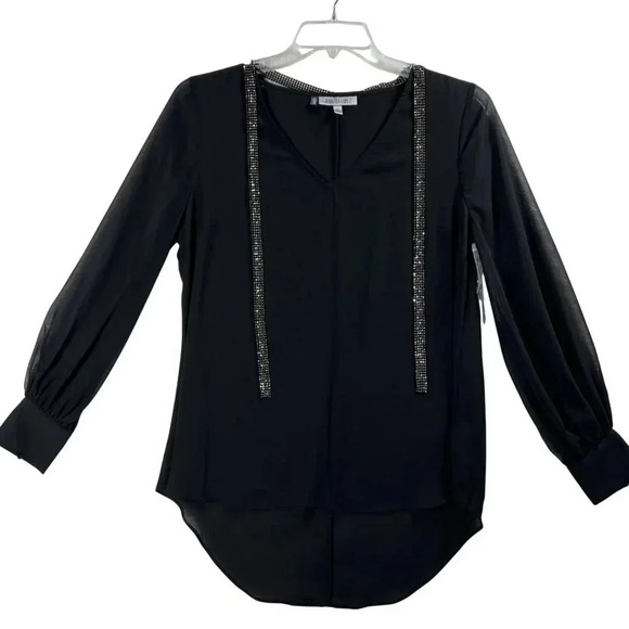 NWT Jennifer Lopez Womens M Black Sheer Blouse Rhinestone Details Bishop Sleeves - Picture 2 of 14